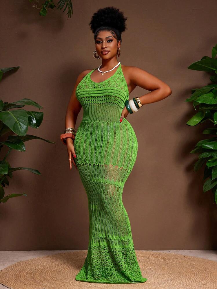 Veslaya Plus Size Green Sheer Sexy Halter Mini Sweater Dress Green Maxi Dress Crochet Maxi Dress Mesh Maxi Dress Green Crochet Dress Crochet Dress | SHEIN