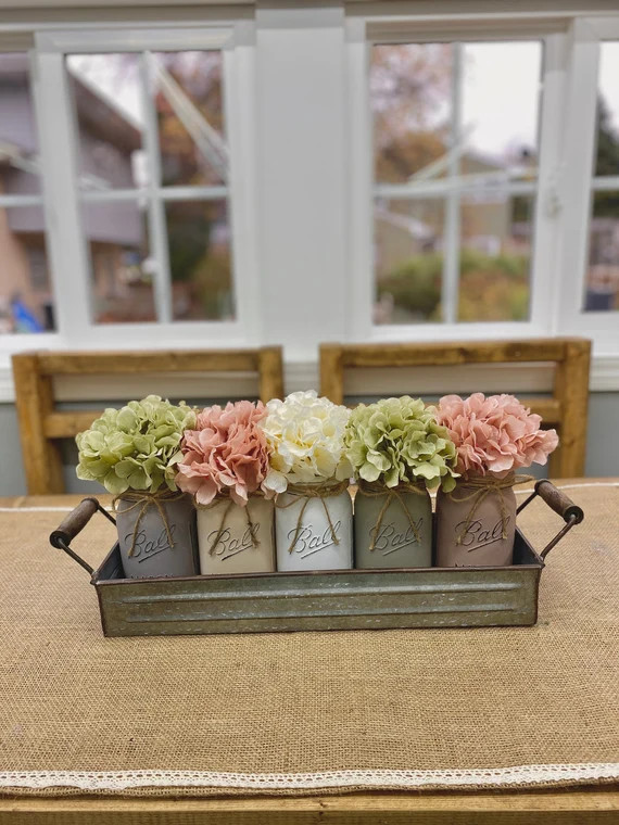 Mason Jars Decor/Farmhouse Decor with Hydrangeas/Mason Jar Decor/Table Centerpieces/Home Decor/Ta... | Etsy (US)