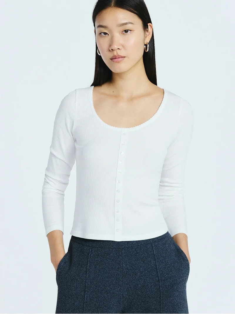 Scoop Women’s Lace Trim Scoop Neck Ribbed Tee with Long Sleeves, Sizes XS-XXL | Walmart (US)