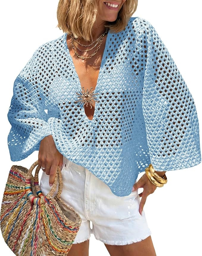 Saodimallsu Womens Crochet Beach Cover Up Top Summer 3/4 Sleeve Boho Oversized Mesh Knit V Neck S... | Amazon (US)