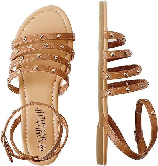 Flat Sandals with Round Rivets and Adjustable Buckle for Women | Amazon (US)