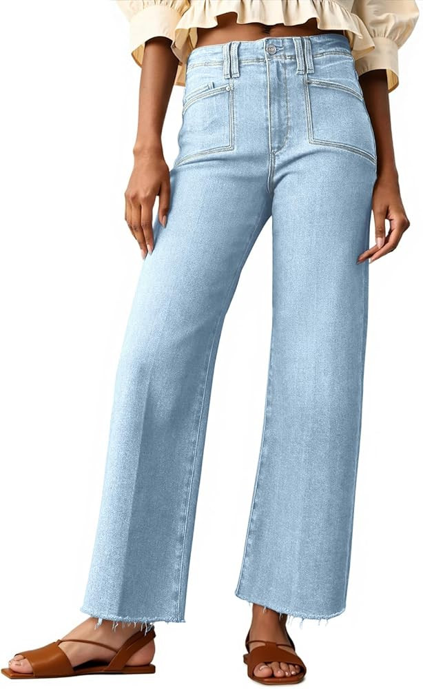 Cicy Bell Womens High Waisted Cropped Jeans Trendy Stretchy Baggy Straight Leg Raw Hem Capri Deni... | Amazon (US)