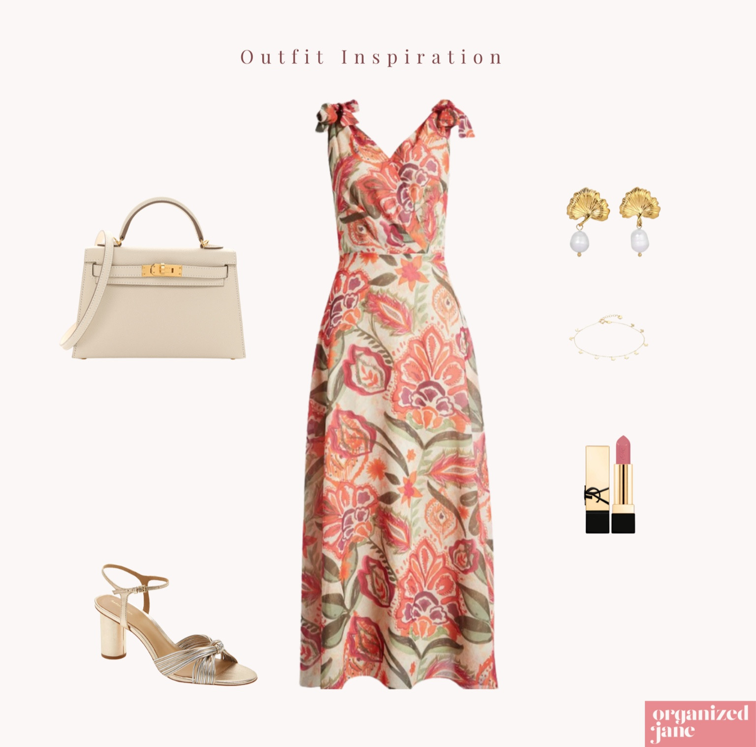 🌺 Embrace summer elegance with this vibrant floral dress! Paired with delicate gold jewelry and chic accessories, it's perfect for a sunny day out. Complete the look with a soft pink lip for a touch of effortless beauty. Stay stylish and organized! 🌞👗✨ #OrganizedJane #SummerStyle #FashionInspo