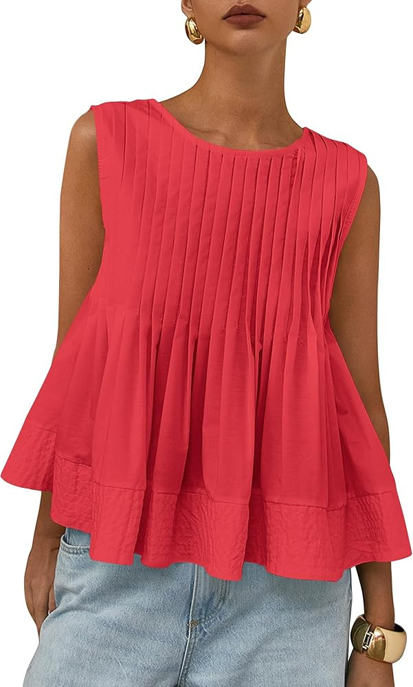 Womens Pleated Peplum Tank Top Sleeveless Babydoll Tops Ruffle Hem Crewneck Casual Blouse Shirts ... | Amazon (US)