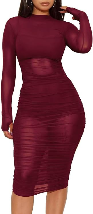 Women 3 Piece Outfits Sexy Crop Top Short Set Mesh See-Through Ruched Bodycon Midi Dress Clubwear | Amazon (US)