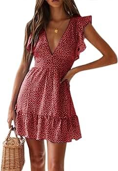 Summer Spring Dress for Women 2021 Floral Mini Dress Flowy Ruffle Flutter Sleeve Polka Dot Deep V... | Amazon (US)