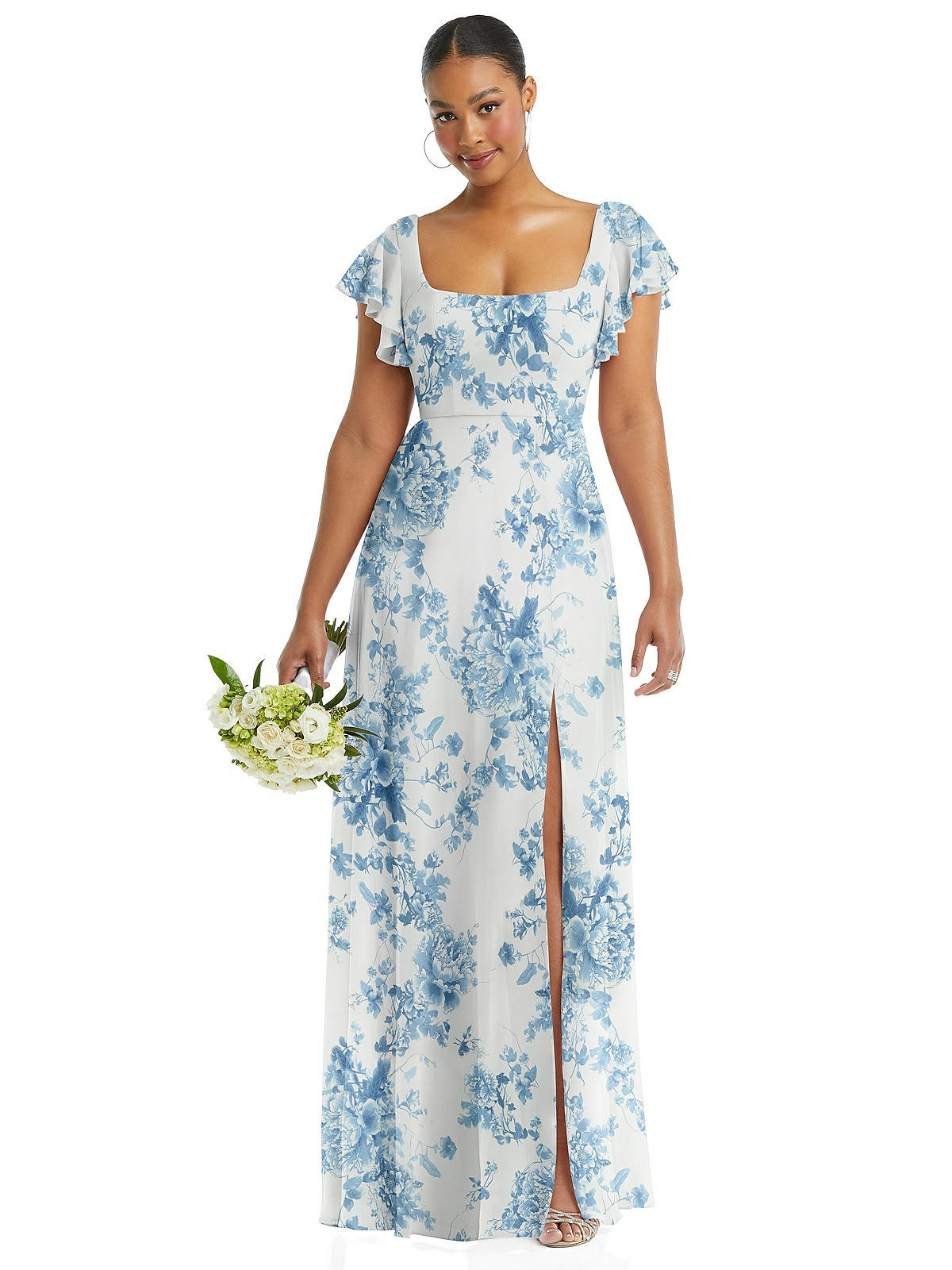 Flutter Sleeve Scoop Open-Back Chiffon Maxi Dress | The Dessy Group