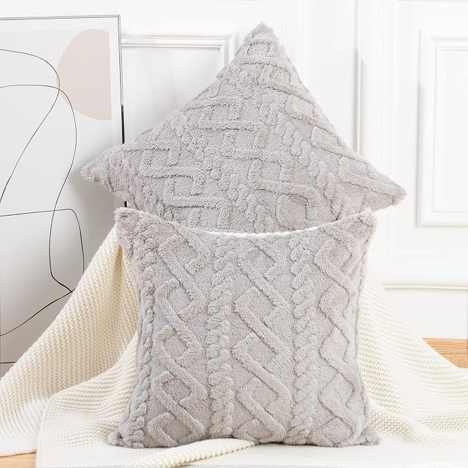 MADIZZ Set of 2 Soft Plush Fuzzy Short Wool Fleece Throw Pillow Covers 26x26 inch Grey Square Pat... | Amazon (US)