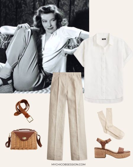 This spring summer outfit exudes a carefree, relaxed vibe, evoking the breezy, unfussy style of legendary actress Katharine Hepburn. The look starts with a short-sleeved, loose linen shirt in a crisp white, its fabric lending an airy lightness. On the lower half, a pair of wide-legged linen pants in earthy beige flows gracefully down the legs, the linen material providing cooling comfort on hot days. Complementing the laidback pants are a pair of basic socks and comfortable cork sandals in tan, their casual styling perfect for strolling city streets or wandering garden paths. Cinching the linen pants is a woven belt in natural hues, wrapping the waist in organic texture. Slung across the shoulder is a roomy wicker bag in deep brown, offering ample space for carrying the day's essentials in its woven construction. This effortless ensemble brings a breath of fresh air for laidback summertime chic!

#LTKfindsunder100 #LTKSeasonal