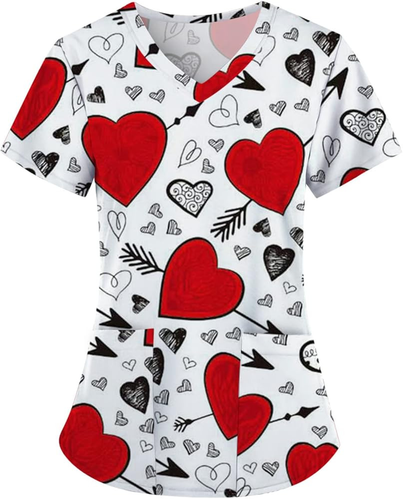 Valentines Day Scrub Tops Women 2024 Short Sleeve Vneck Red Lips Print Funny Workwear Looes Fit W... | Amazon (US)