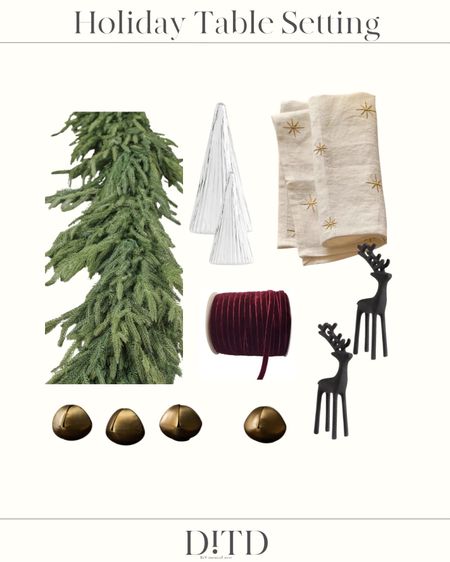 Holiday table setting inspiration featuring evergreen garland, linen napkins, glass trees, reindeer, and ribbon.



#LTKhome #LTKHoliday #LTKSeasonal