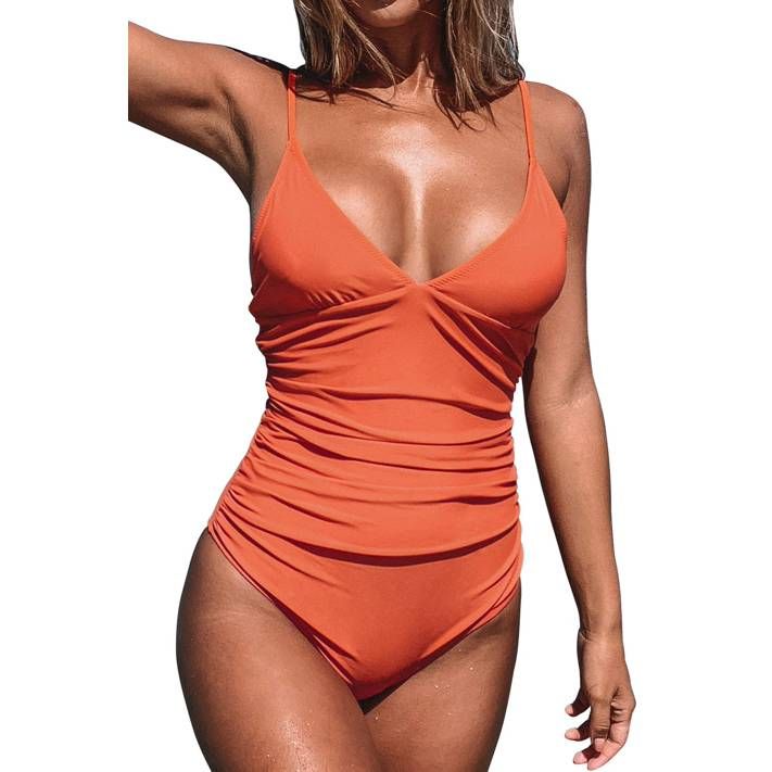 Cupshe Women's Orange Ruched One Piece Swimsuit Plunging Neckline Monokini, M - Walmart.com | Walmart (US)