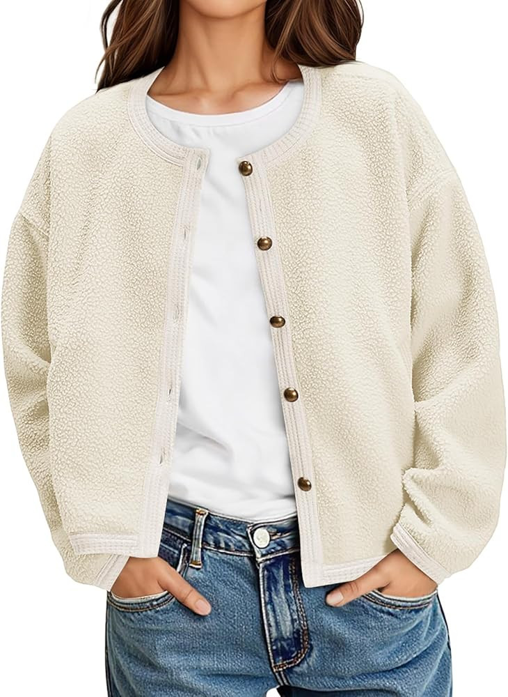 Yousify Womens Sherpa Fleece Jackets Cropped Button Down Crew Neck Coats Fall Casual Trendy Outer... | Amazon (US)