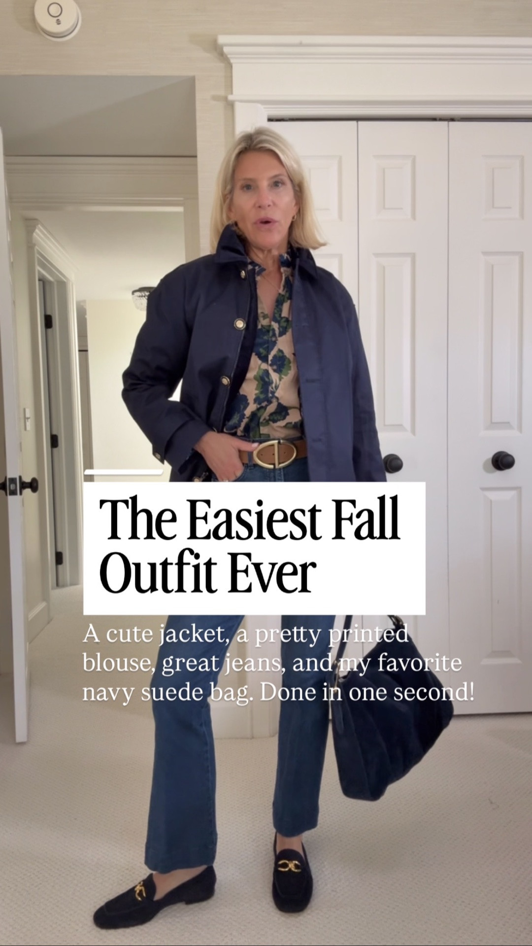 If this isn't the cutest little fall outfit! 🍂 A navy jacket, a pretty floral blouse, classic jeans, and my favorite navy suede bag from last year. They're bringing the bag back again this season, and I'm not surprised, I love how it pulls everything together. The whole outfit took one second to put together!

👩‍💻 LTK PRO TIPS
❤️ Heart = Support my posts ;-)
🔖 Save = Get sale & restock alerts for the things you love!
📋 Lists = Keep favorites organized (List ideas: Christmas, Birthdays, and Vacations!)
📲 Share = Send lists and products to a friend (or your daughters like me).
💬 Comment = Ask me anything, and I'll answer. ;-)