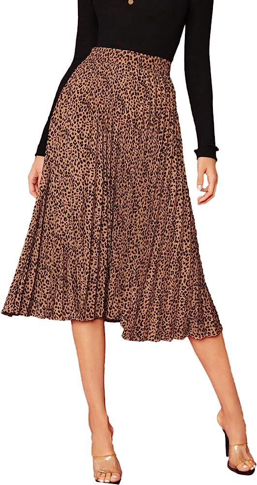 WDIRARA Women's Casual Mid Waist Leopard Print Pleated Satin Midi Skirt | Amazon (US)