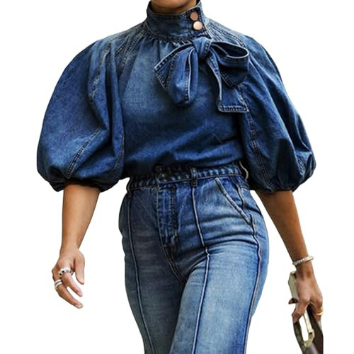 Women's Bow Design Denim Pullover Top Button Up High Neck Fashionable Jacket with Elastic and Puff Sleeves(Dark Blue,S) | Amazon (US)