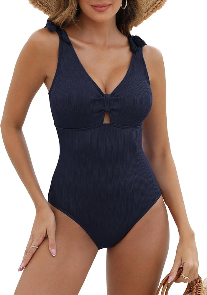 JASAMBAC Women's One Piece Swimsuit Cutout Deep V Neck Wrap Ribbed Bathing Suit Self Tie High Wai... | Amazon (US)