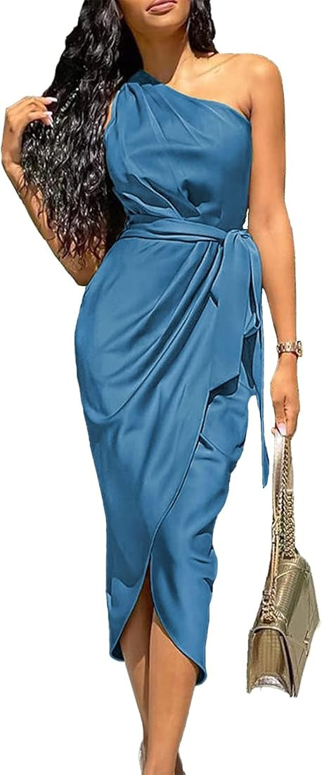 PRETTYGARDEN Women's 2023 Summer Ruched Bodycon Dress Sleeveless One Shoulder Wrap Satin Belted C... | Amazon (US)