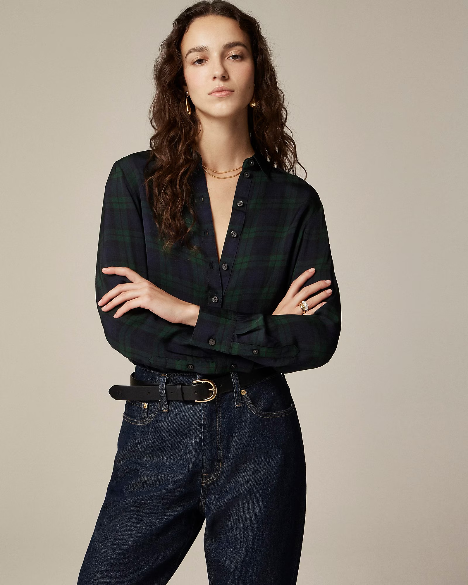 Drapey button-up shirt in Black Watch tartan | J. Crew US