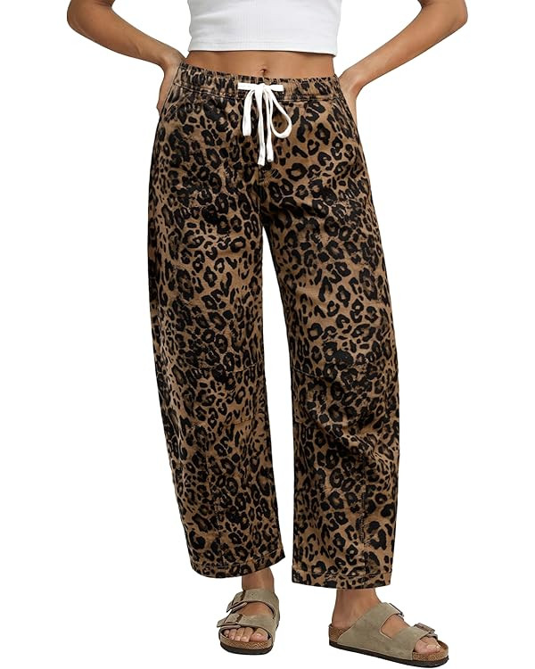 GRAPENT Barrel Jeans for Women Trendy High Waisted Pull On Wide Leg Cropped Leopard Cheetah Print... | Amazon (US)