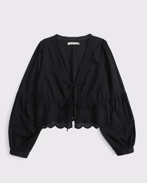 Long-Sleeve Lace Tie-Front Top | Abercrombie & Fitch (US)