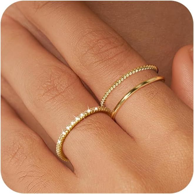 Moodear 3PCS Gold Rings for Women, 14k Gold Plated Stackable Thin Rings for Women Cubic Zirconia ... | Amazon (US)