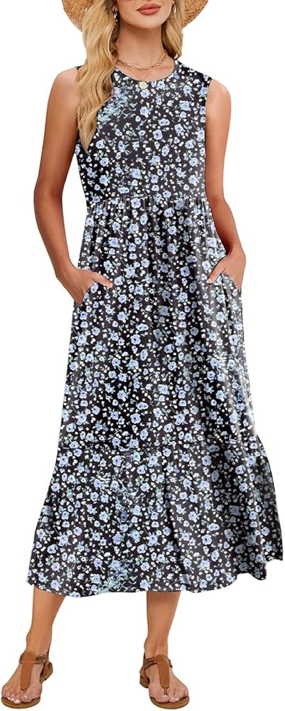 Gracyoga Women's Summer Maxi Dress 2025 Casual Sleeveless Crewneck Aline Flowy Tiered Long Beach ... | Amazon (US)