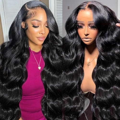 13x6 HD Lace Front Wigs Human Hair 250 Density Body Wave Lace Frontal Wigs Human Hair with Baby Hair Glueless Wigs Pre Plucked Natural Hairline with Baby Hair Black Color 24 Inch | Amazon (US)