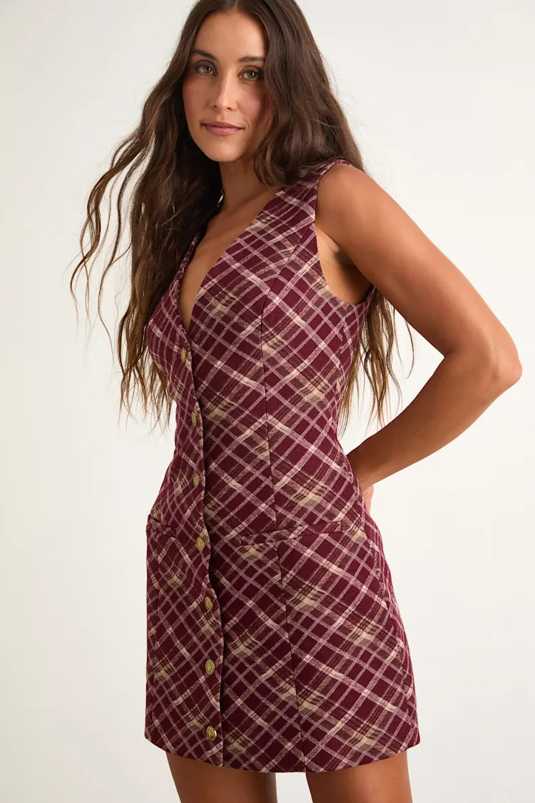 Kala Burgundy Plaid Button-Front Mini Dress | Lulus
