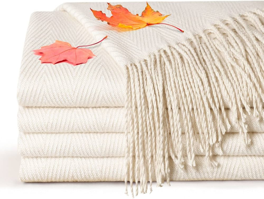 ZonLi Cream Throw Blanket Lightweight Herringbone Throw Blankets for Couch Ivory Boho Throw Blank... | Amazon (US)