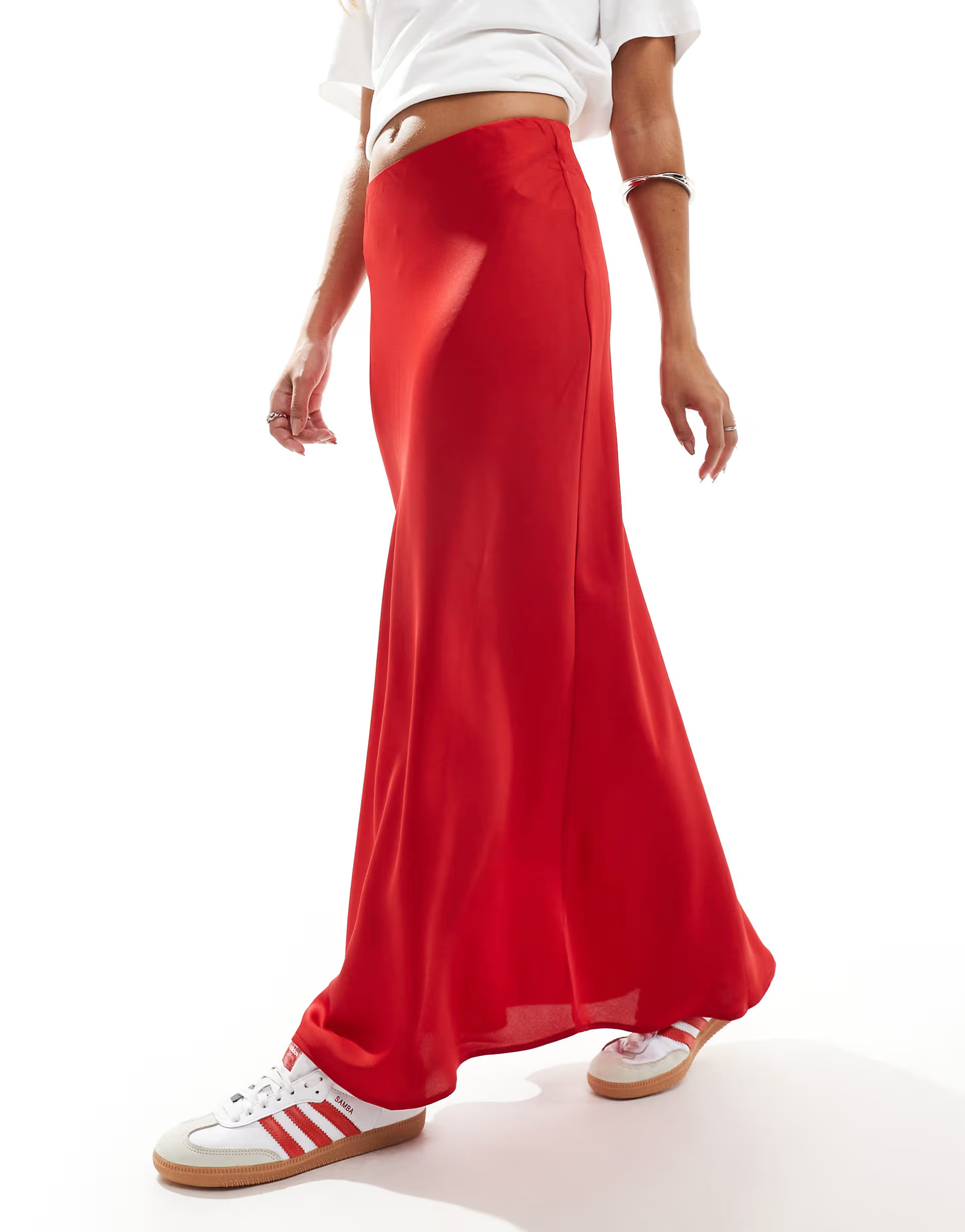 Vila satin maxi skirt in red | ASOS (Global)