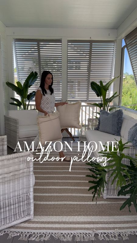 Amazon home outdoor pillow! Serena & Lily look for less, gingham pillow, coastal porch 