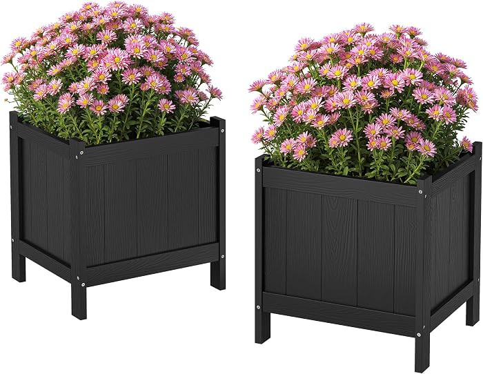 LUE BONA Outdoor Plant Pots Set of 2, 13.7" x 12.5" x 14.5" HDPS Flower Pots with Drainage Holes,... | Amazon (US)