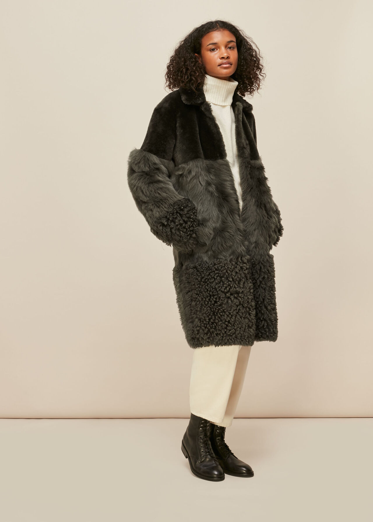 Khaki Cosma Shearling Coat | WHISTLES | Whistles UK | | Whistles