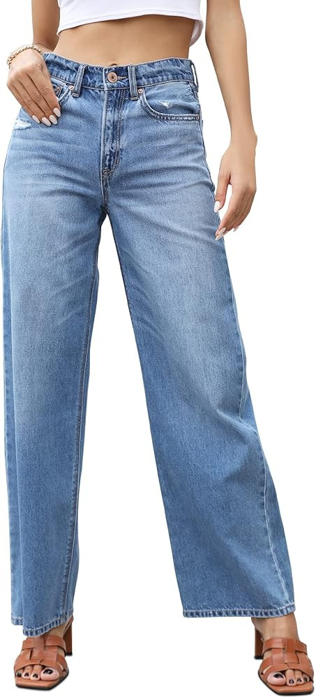 OFLUCK Women High Waisted Wide Leg Baggy Jeans,90s Boyfriend Jeans with Pockets | Amazon (US)