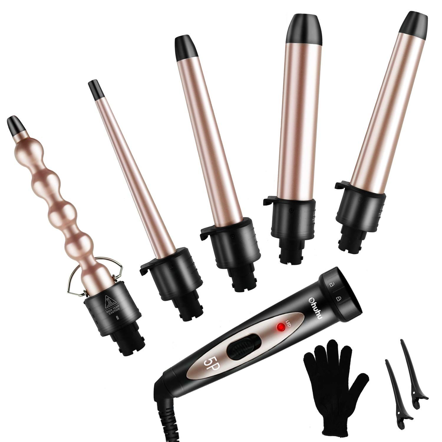 5 in 1 Curling Iron Wand Set, Ohuhu Upgrade Curling Wand With 5Pcs 0.35 to 1.25 Inch Interchangea... | Amazon (US)