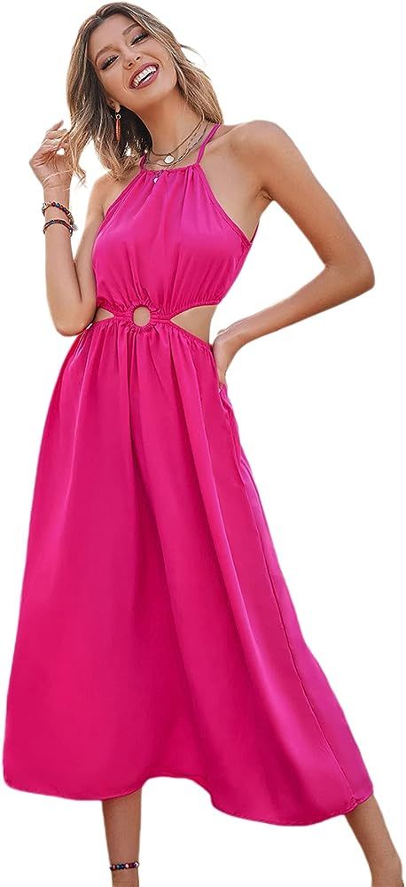 SheIn Women's O-Ring Front Tie Lace Up Back Halter Cut Out Waist Dress | Amazon (US)