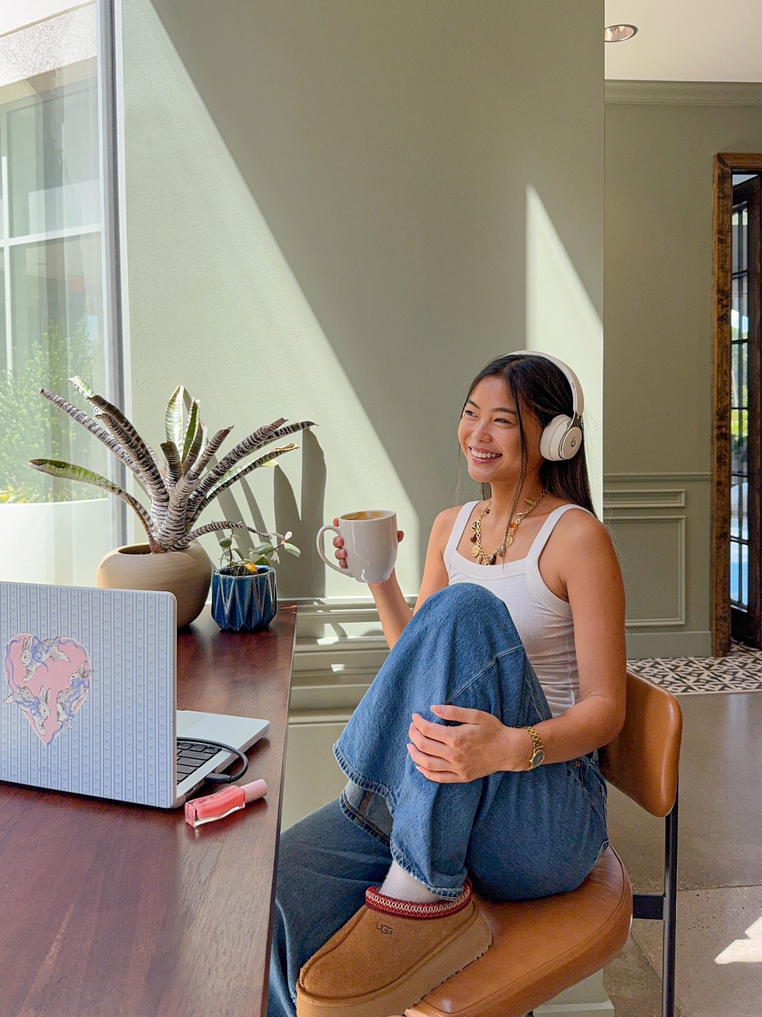 fall outfit ootd, early fall outfit, off-white tank, baggy jeans, wide leg jeans, ugg tasman slippers, macbook case, cottage core laptop case, gisou lip oil, beats solo pro headphones, coffee shop outfit, study break look, comfy casual

#LTKHome #LTKFindsUnder50 #LTKU