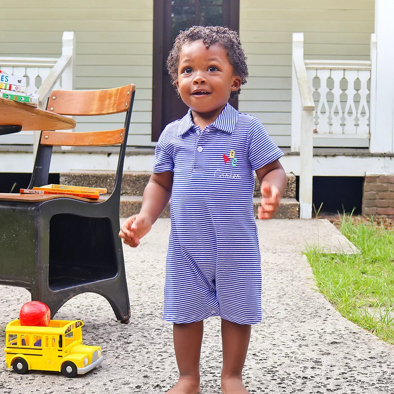 ABC Royal Blue Stripe Polo Romper | Classic Whimsy