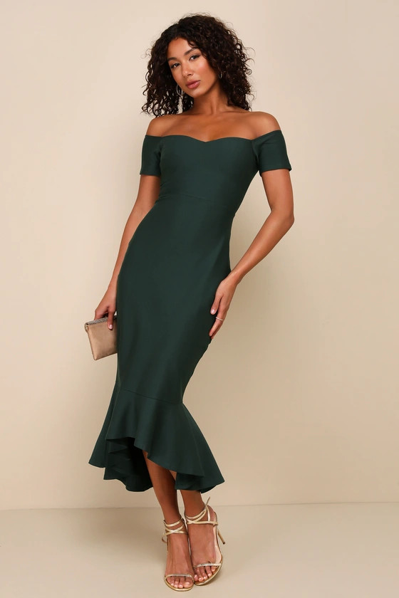 How Much I Care Dark Green Off-the-Shoulder Midi Dress | Lulus