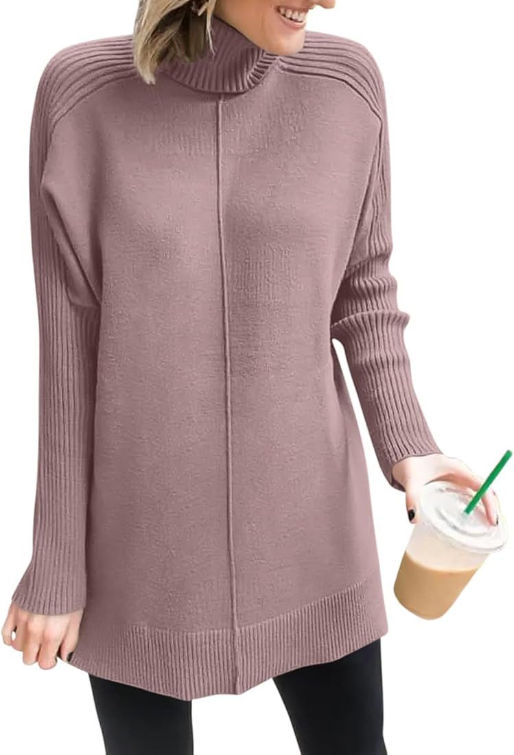 ANRABESS Women's Turtleneck Oversized Sweaters 2023 Trendy Long Sleeve Knit Split Hem Tunic Pullo... | Amazon (US)