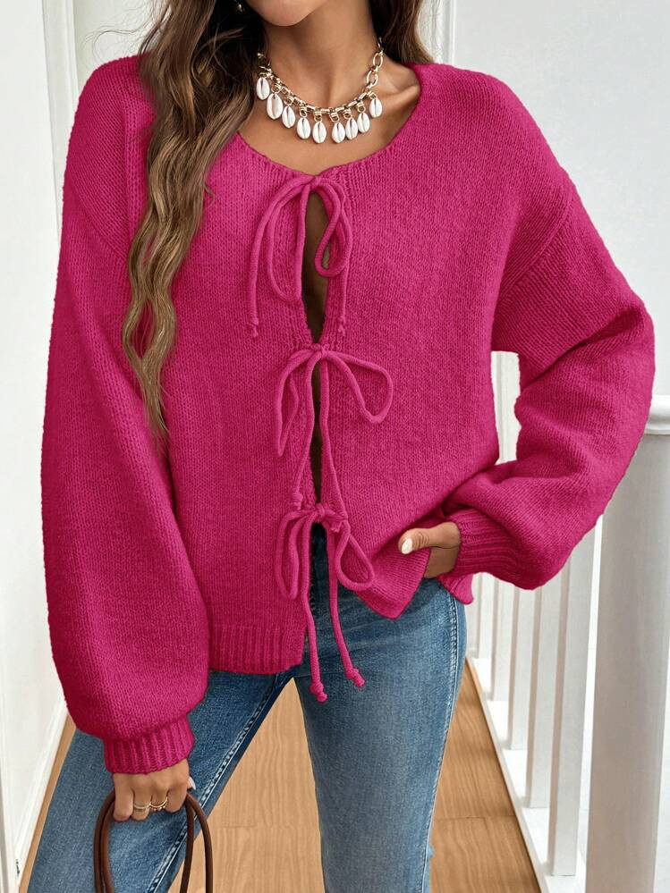 SHEIN Frenchy Ladies' Oversized Solid Color Knotted Long Sleeve Cardigan, Commute, Minimalist, Of... | SHEIN