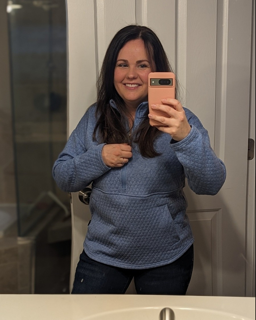 I live in this Eddie Bauer, half zip pullover. I can't get enough. It's only $17 and I need all of the colors. Pockets in the front that don't stick out?? I'm sold. 

#LTKSeasonal #LTKover40 #LTKmidsize