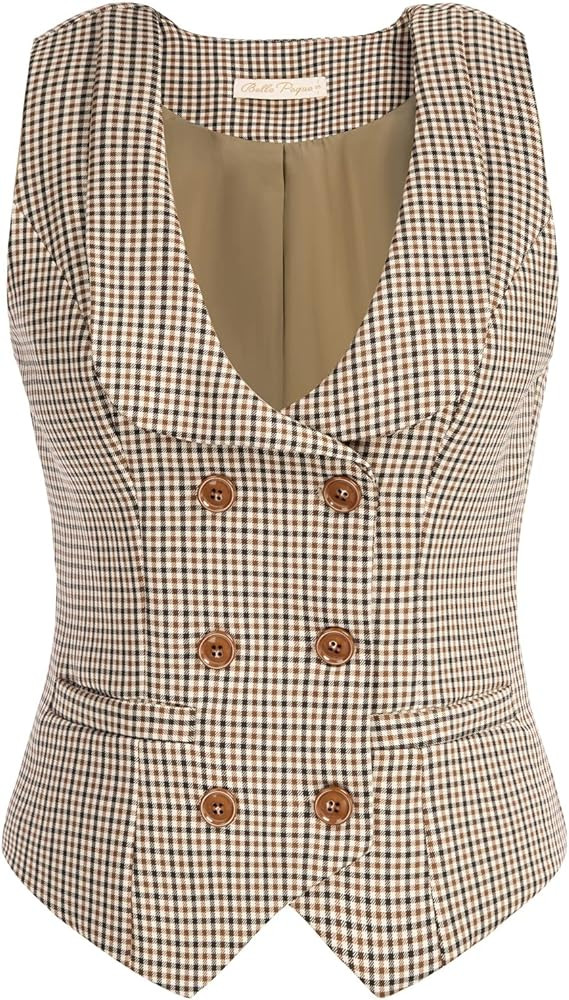 Belle Poque Women Double Breasted Waistcoat Vintage Lapel Collar Vest Coat with 2 Pockets | Amazon (US)