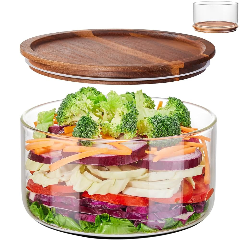 Large Salad Bowl with Lid, 106 oz Glass Salad Bowl with Acacia Wood Lid, Versatile Glass Trifle a... | Amazon (US)