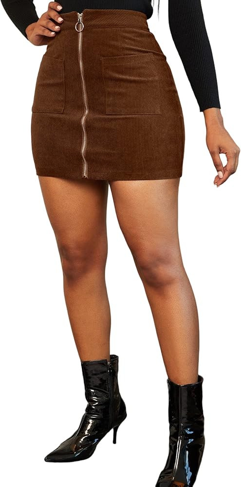 Floerns Women's Corduroy Zipper Front A Line High Waist Mini Skirt with Pocket | Amazon (US)