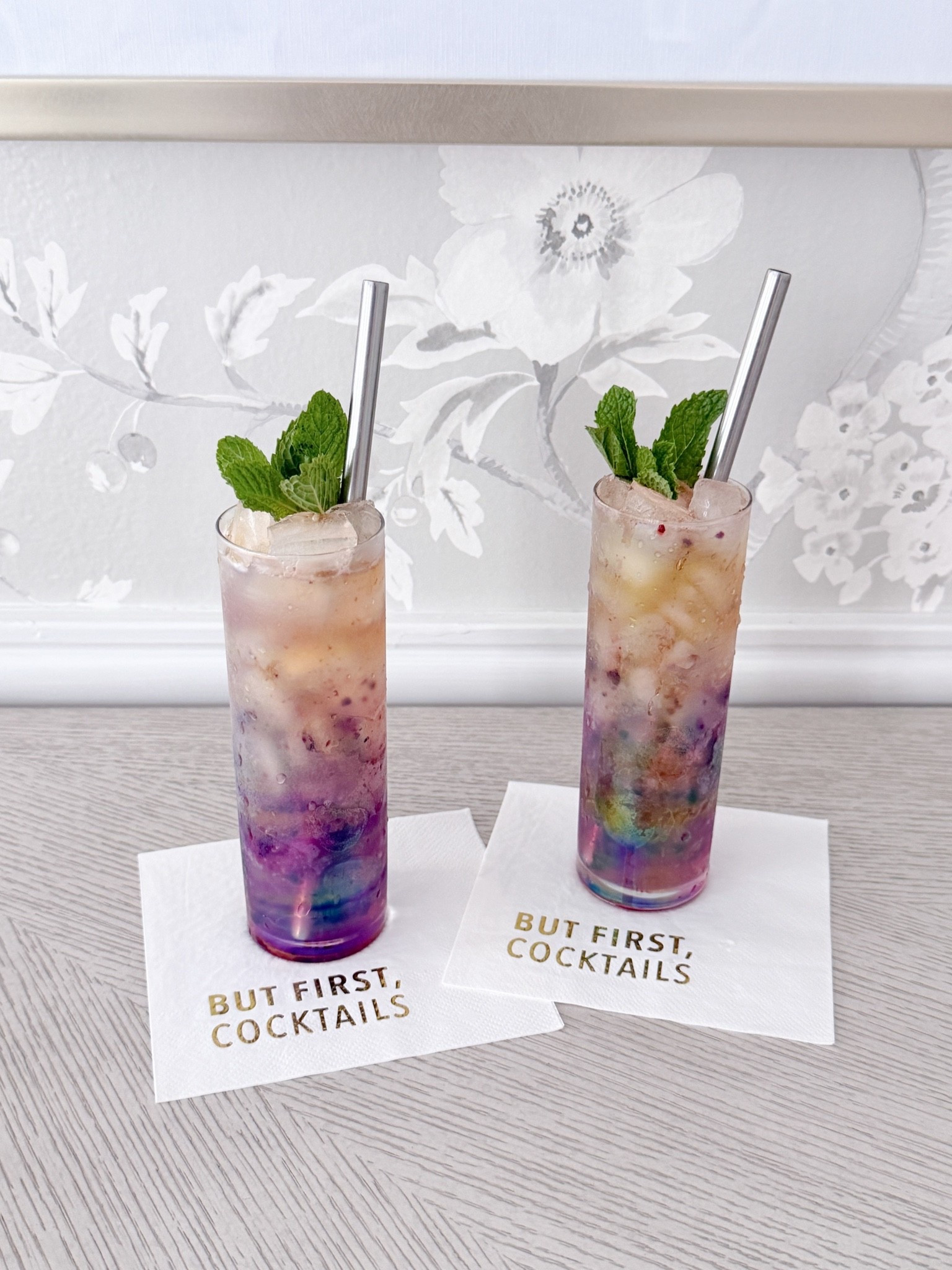 Stemless champagne flutes make for the best mint julep cups because they’re small in size but are still perfect to add a stainless steel straw too. I added blackberry to the ice that got scooped into the bottom to give it a gorgeous color