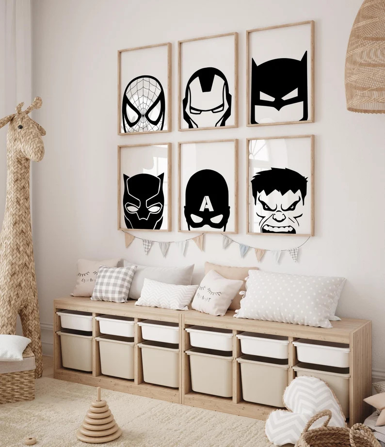 Superhero Wall Print, Superhero Poster, Superhero Wall Art, Monochrome Superhero Prints, Black an... | Etsy (US)