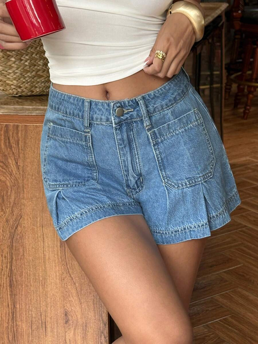 Women's Pleated Pocket Button Casual Versatile Daily Wear Denim Shorts | SHEIN USA | SHEIN
