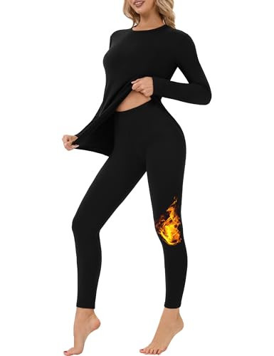 Thermal Underwear for Women Long Johns Set Fleece Lined Base Layer Cold Weather Winter Long Sleeve Shirts & Bottoms Black Medium | Amazon (US)